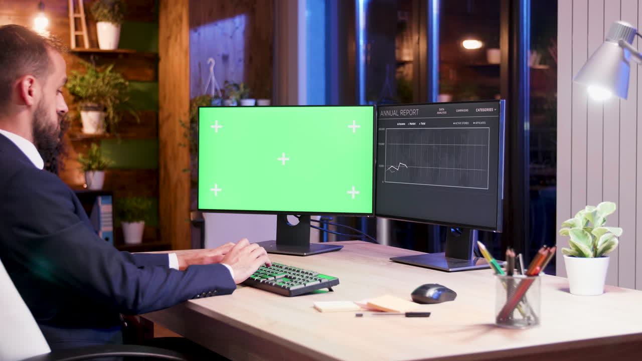 Man working at his computer with green screen