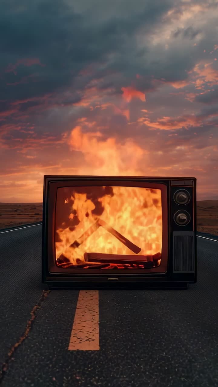 Video verticale: braci incandescenti che infiammano un televisore a tubo catodico su una strada deserta, consumando legna
