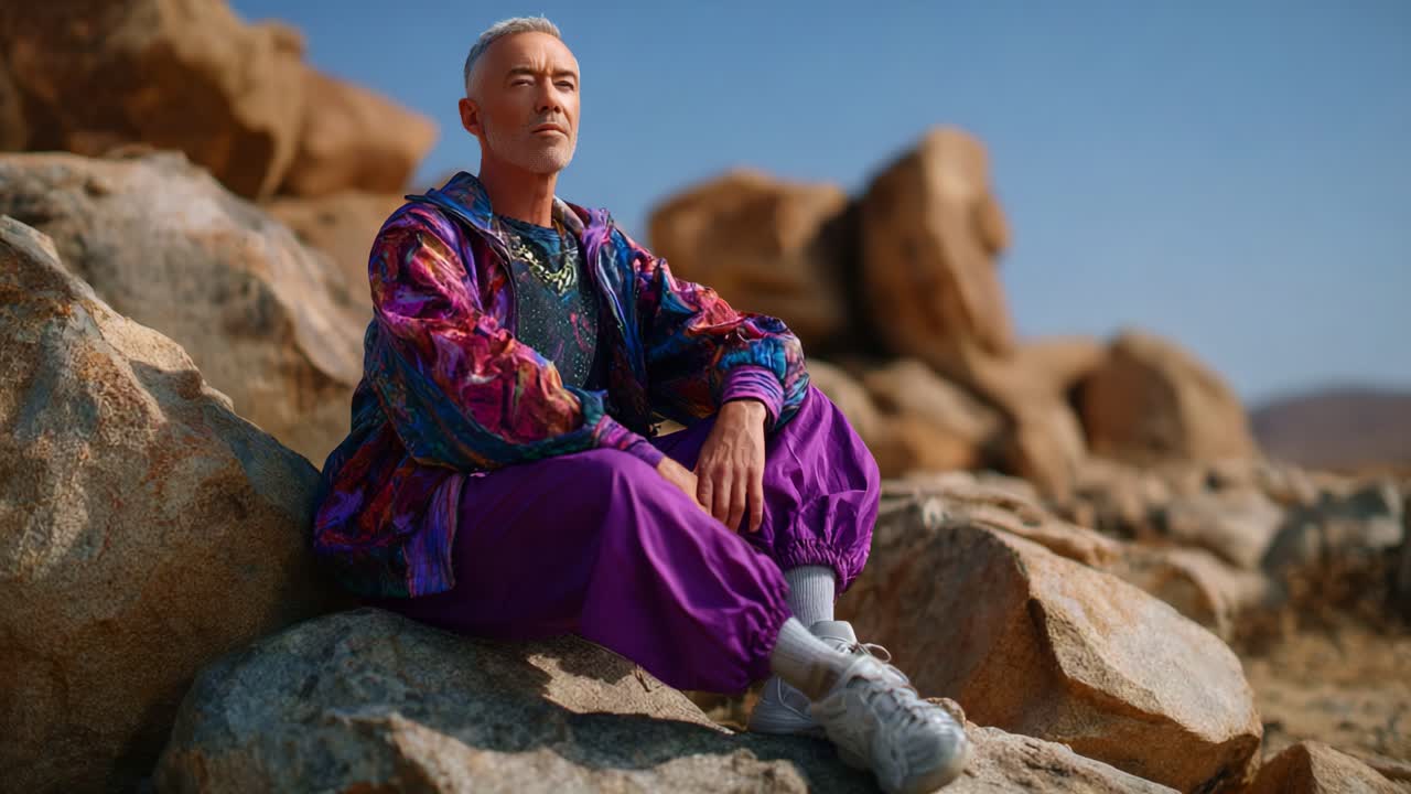 Un individuo alla moda seduto su delle rocce in un paesaggio desertico suggestivo, che emana sicurezza e stile con abiti vivaci e accessori unici