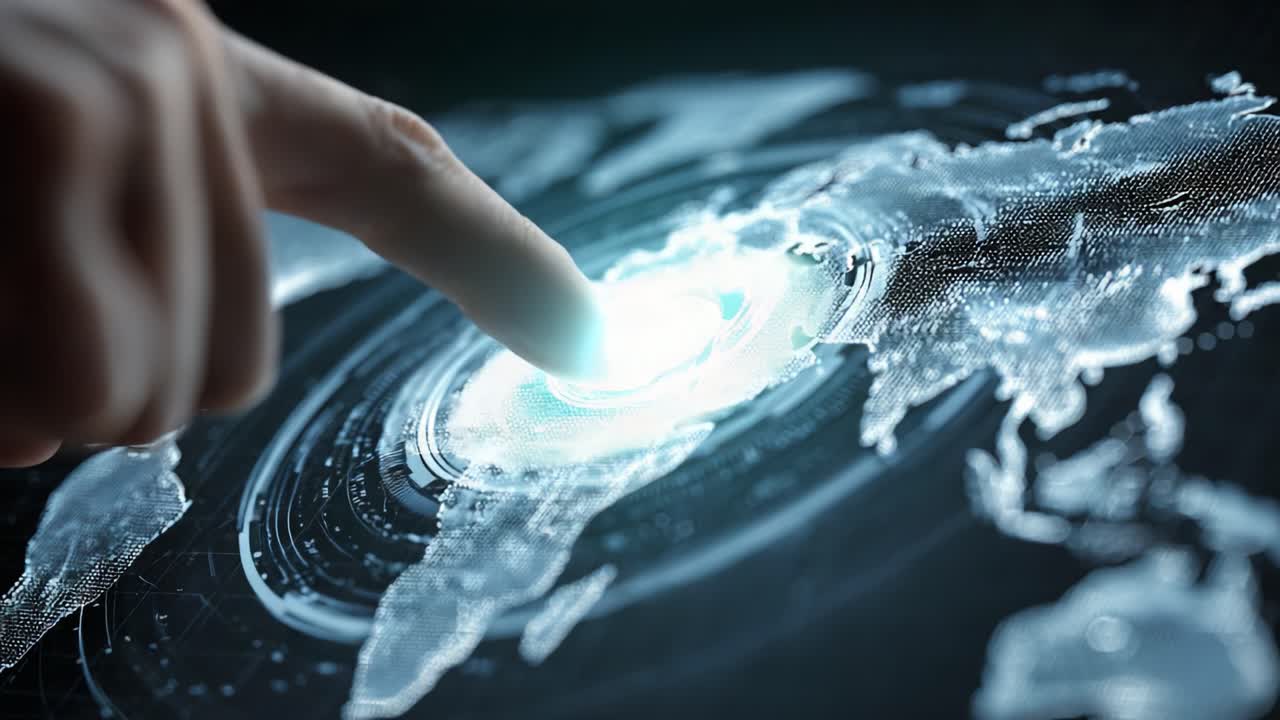Exploring a Digital World: A Close-Up of a Finger Interacting with a Futuristic Interactive Map Displaying Geographical Data and Visualization Technology