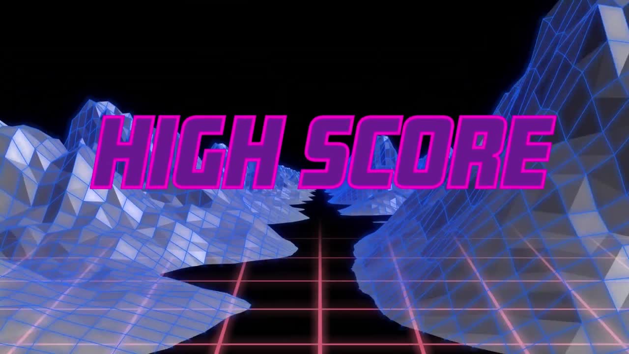 검은 바탕에 디지털 마운틴 위에 높은 점수 텍스트의 애니메이션