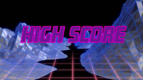 Animation-Von-Highscore-Text-über-Digitalen-Bergen-Auf-Schwarzem-Hintergrund