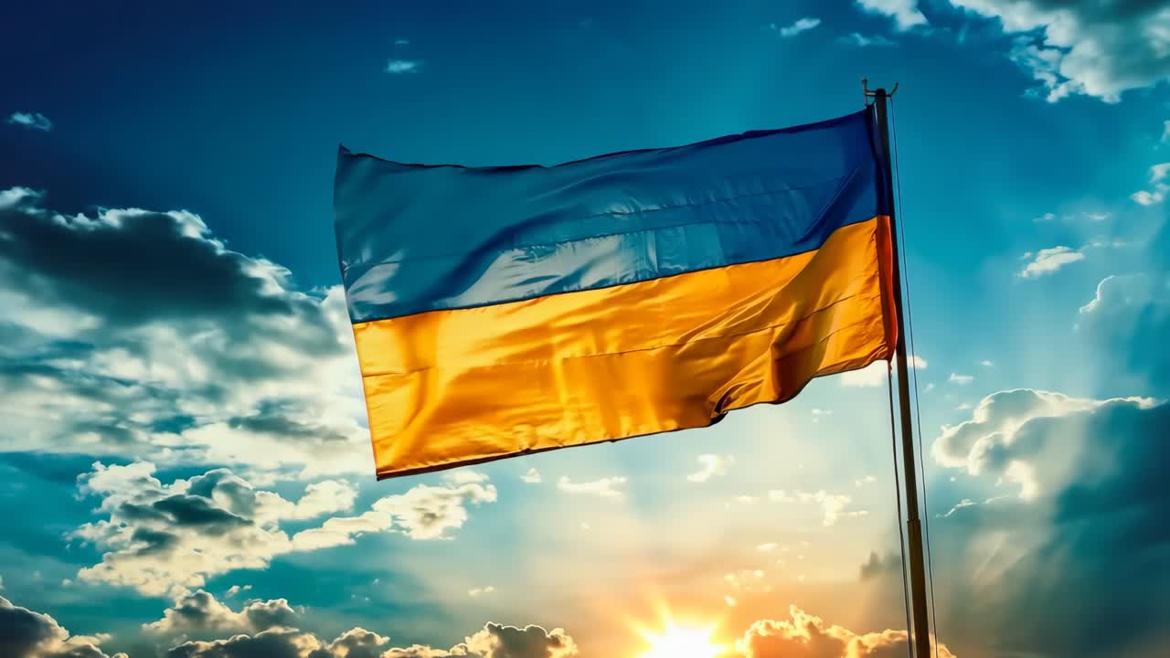 하늘에서 날아다니는 노란색과 파란색의 발과 그 뒤에 해가 지는