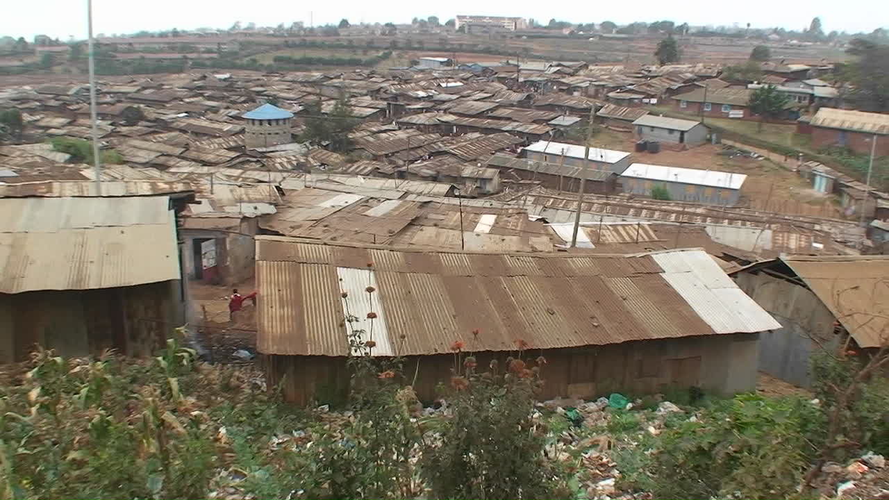 People standing on a hill look out over the surrounding shanty town area