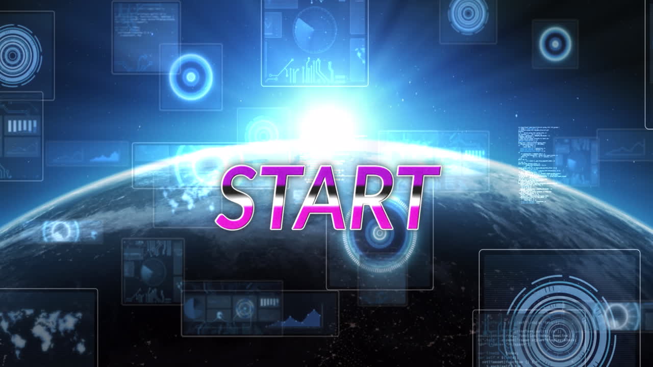 animación del texto de inicio y el procesamiento de datos con globo sobre fondo negro