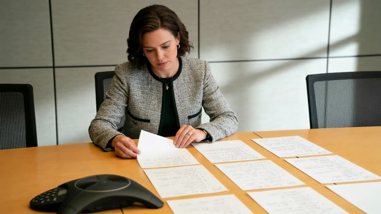 Mulher de blazer cinza examinando, pegando páginas e organizando grade na mesa de reunião, com viva-voz à esquerda.