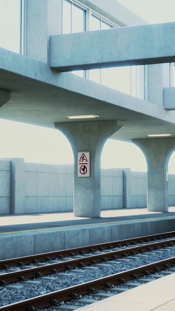 Video verticale: Treno pendolare entra nell'inquadratura, si muove a sinistra lungo la banchina, mostrando il cartello della destinazione.