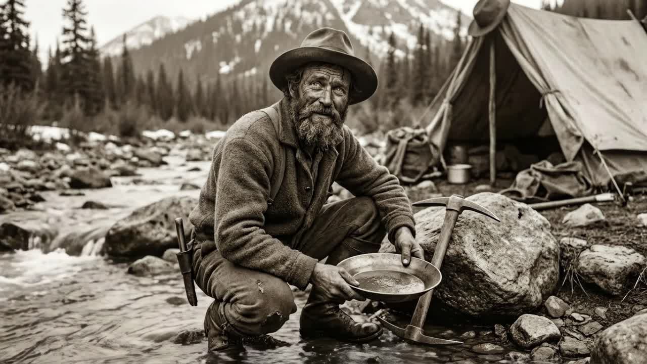 A Gold Miner Panning for Gold in a Mountain River