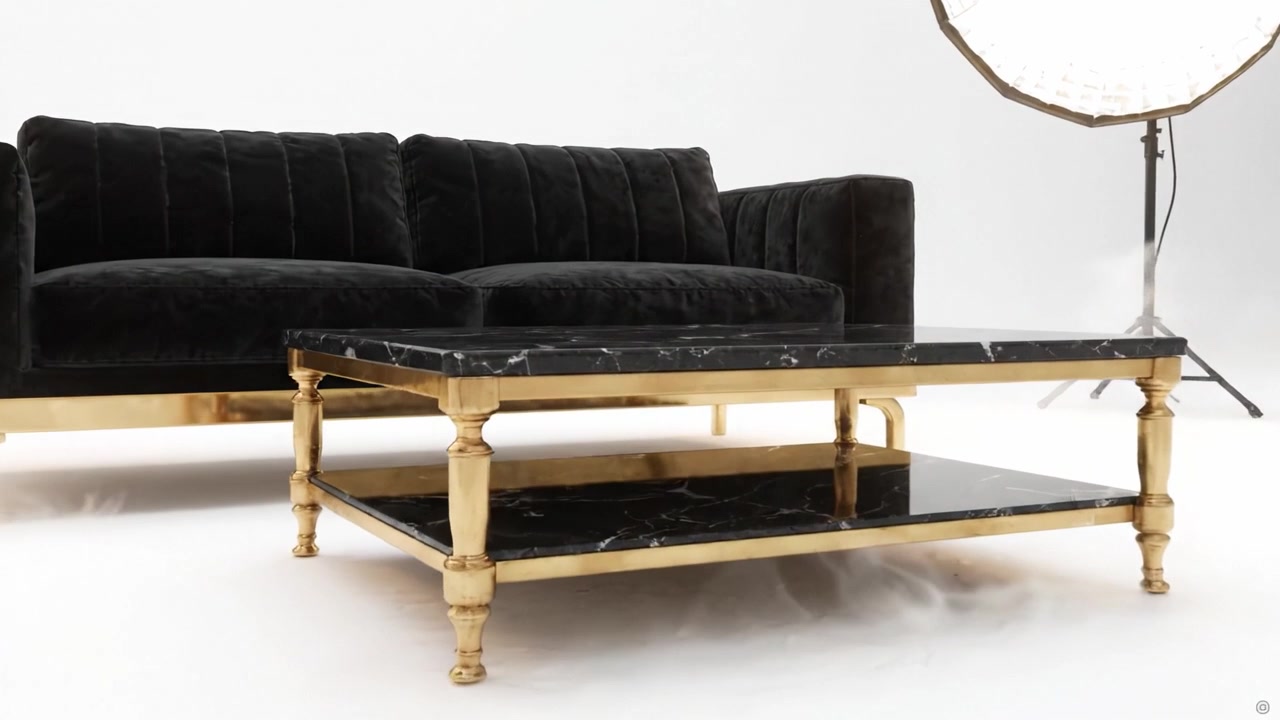Elegante Divano Moderno in Velluto Nero con Tavolino da Caffè in Marmo e Illuminazione Elegante in un Contesto Minimalista, Perfetto per l'Ispirazione di Design d'Interni Chic