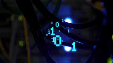 Animation of binary coding over server room