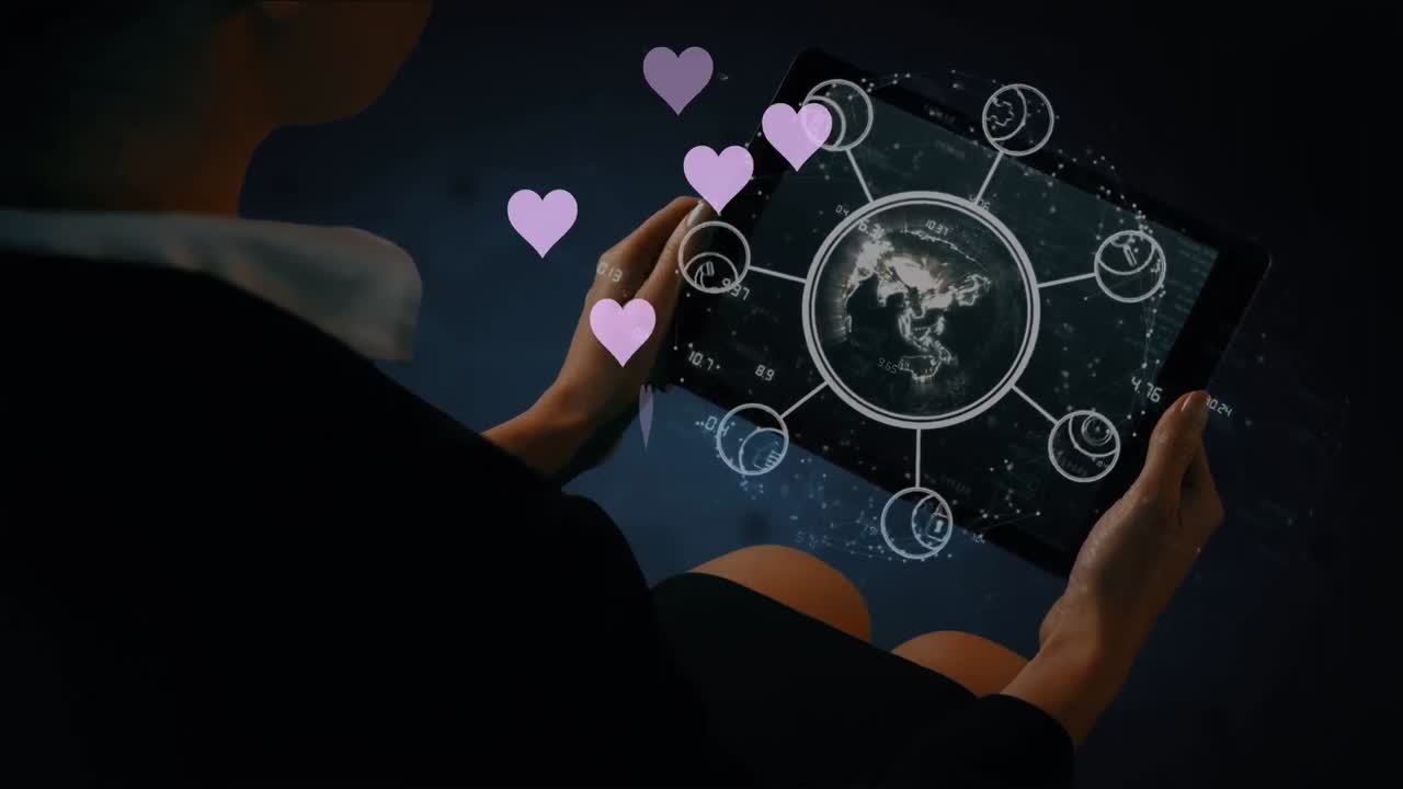태블릿을 사용하는 백인 여성의 아이콘과 손으로 지구상에 떠다니는 심장의 애니메이션