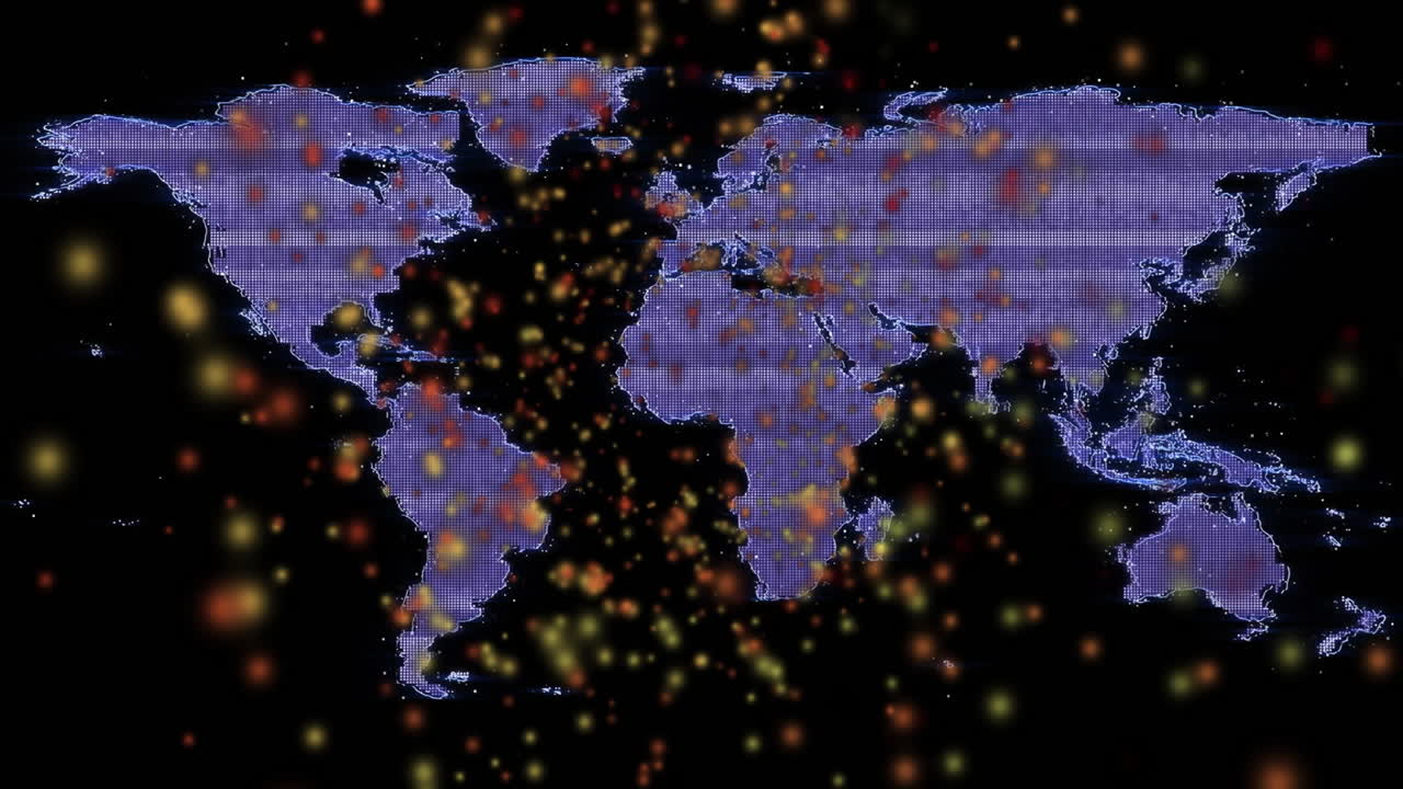 Animation of glowing light spots moving over world map on black background