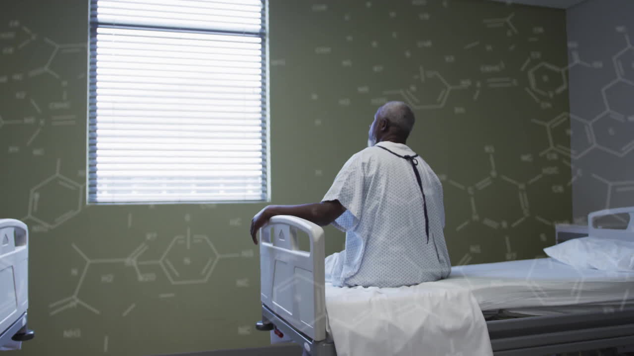 Animation of chemical formula over african american man on hospital bed