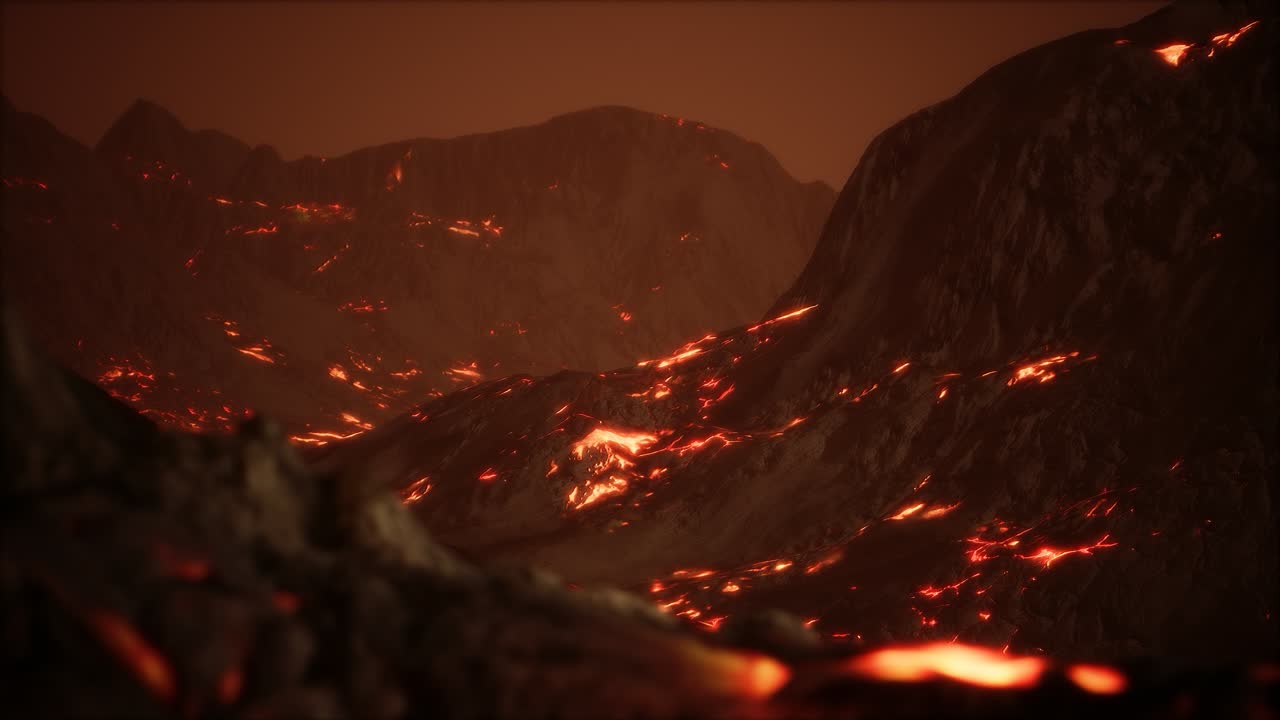 lava fundida roja y vibrante que fluye sobre un campo de lava gris y una tierra rocosa brillante