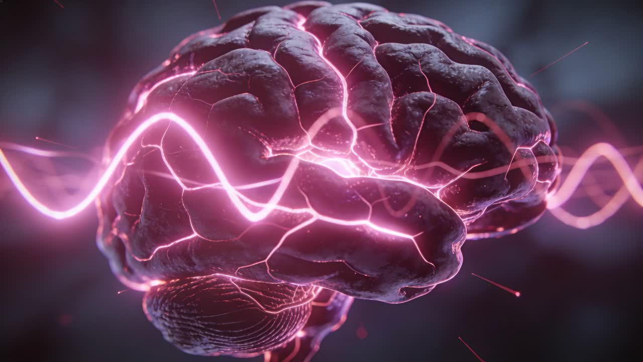 Pink waveform entering right, pulsing 3D brain, lighting grooves and emitting sparks showing signal