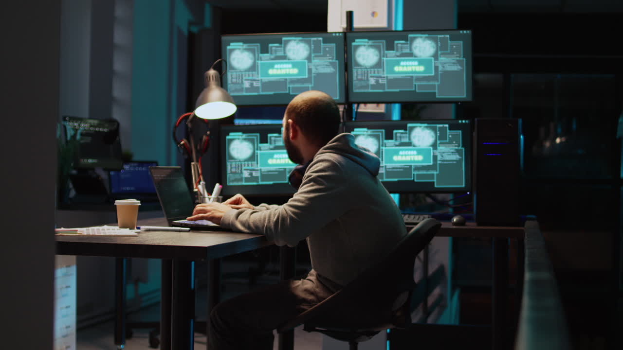 Hacker working at desk with multiple monitors