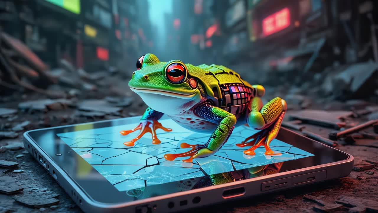 Cybernetic Frog on a Tablet in a Futuristic City