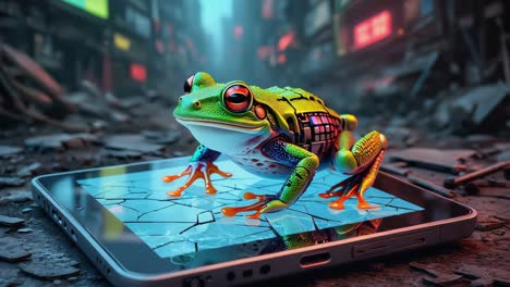 cybernetic frog on a tablet in a futuristic city