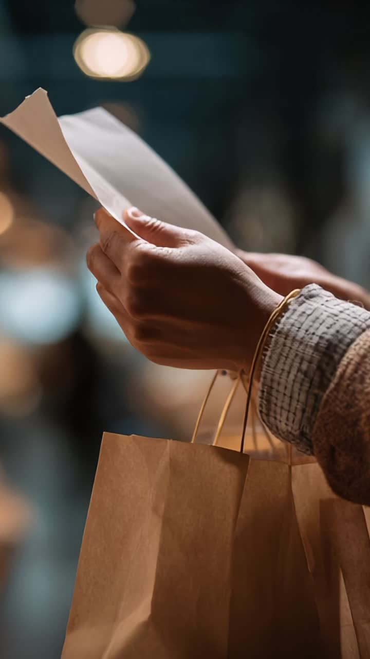 A Person Examining a Note While Holding a Paper Bag, Captured in Two Frames from a Video, Illustrating the Moment of Anticipation and Curiosity