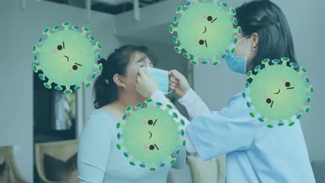 아시아 여성 의사와 환자가 얼굴 마스크를 착용하는 바이러스 세포의 애니메이션