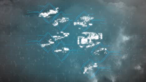 Animation of multiple digital icons against thunderstorm and dark clouds in the sky