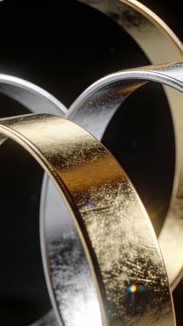 Vertical video: Light shifting across three metal rings at studio, showing scratches, rainbow flare