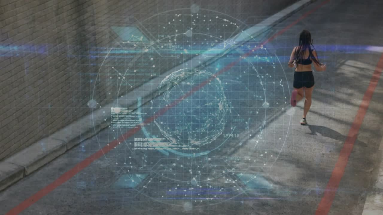 Female runner starting left edge, running through anchored holographic tech globe overlay, training