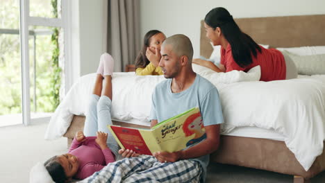 father, reading book and girl in bedroom together