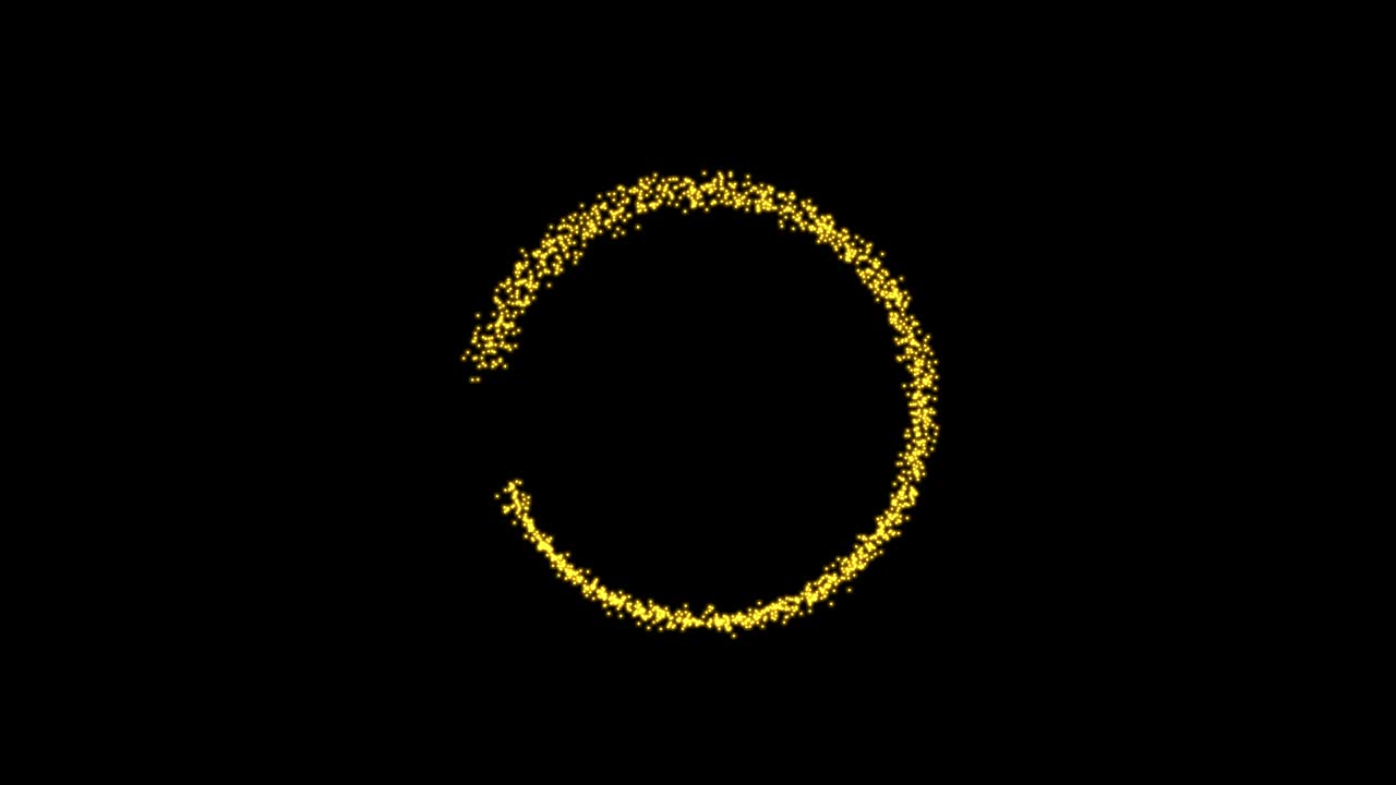 The Movement of gold particles in a circle. Soft glow around yellow particles  on a black background.