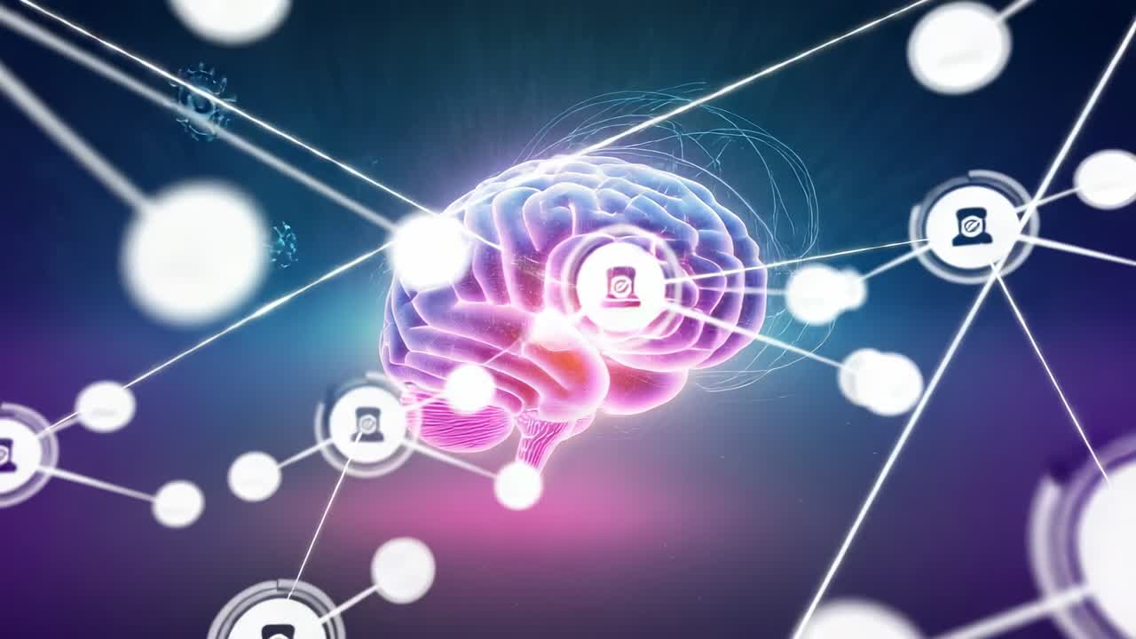 Appearing white node sending beams around neon brain in digital space, for building data network