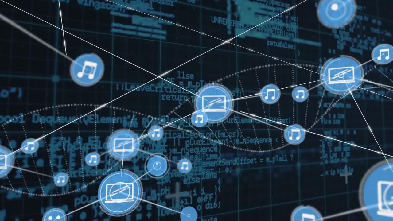 연결된 아이콘의 애니메이션, 검은색 배경에 대한 프로그래밍 언어에 대한 dna 나선