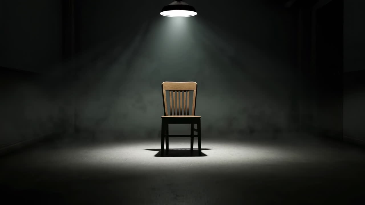 Empty Wooden Chair Under Spotlight, Dark Concrete Room With Single Overhead Lamp, Dust Motes Illuminated,
