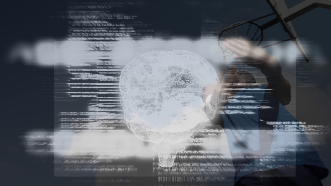 인간 뇌 모델 스피닝과 데이터 처리가 농구하는 아프리카계 미국인과 맞붙는다.