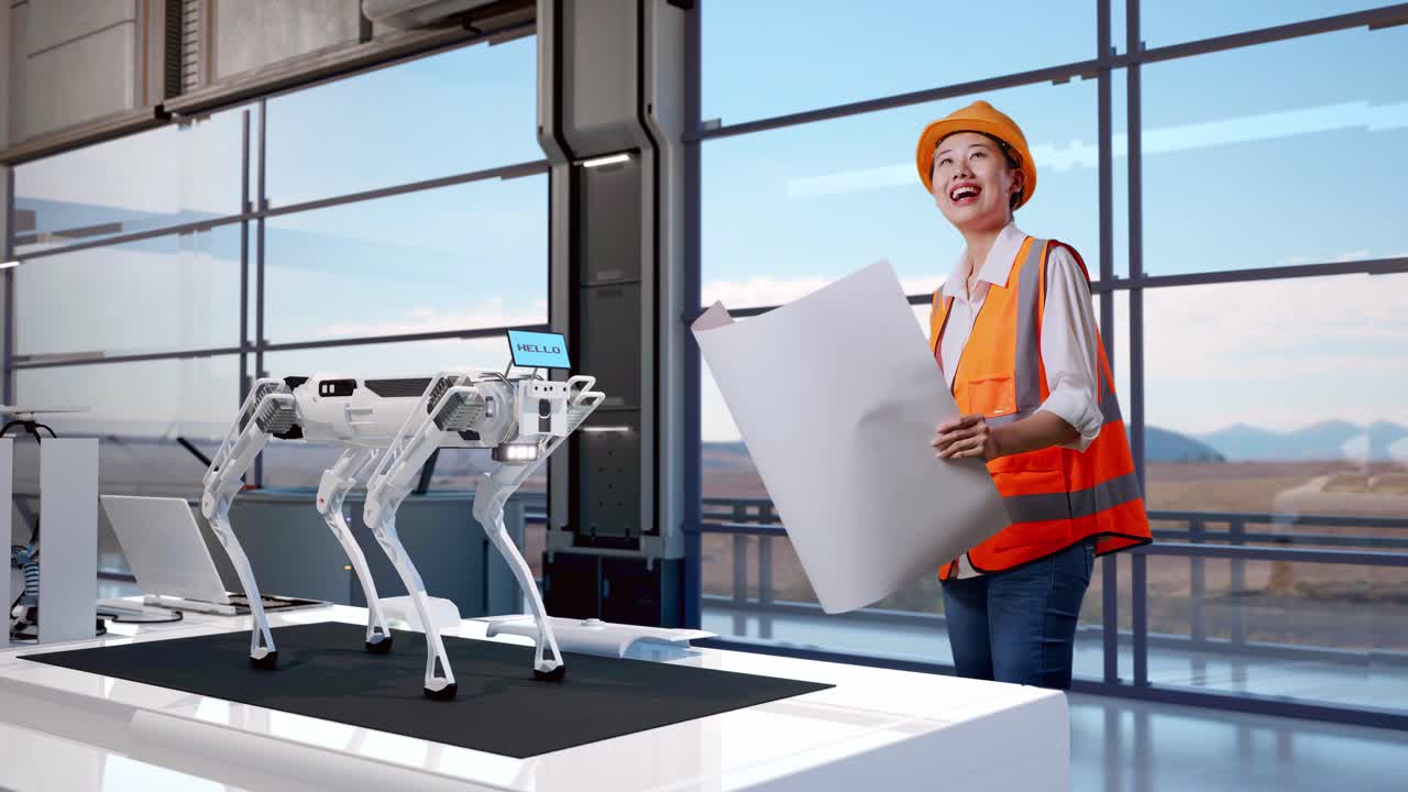 vista laterale completa del corpo di un'ingegnere asiatica con casco di sicurezza che guarda il progetto nelle sue mani e si guarda intorno mentre si trova in una fabbrica ad alta tecnologia, analizzando il concetto di macchina robotica