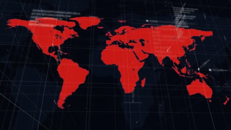 Digital-animation-of-world-map-turning-red-against-data-processing-on-black-background