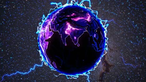 electric blue cosmic energy sphere slowly transforms, revealing earth's continents with purple highlights, surrounded by lightning and a nebula backdrop