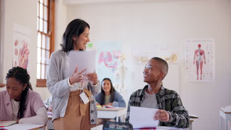 Teacher,-high-five-and-happy-boy-with-test