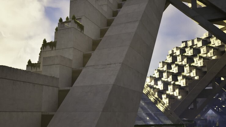 L'architettura moderna mette in mostra un design unico con vegetazione in un ambiente urbano