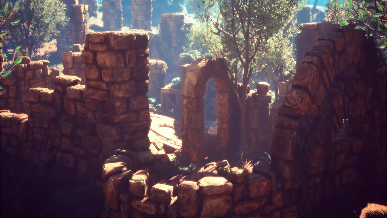 Ancient stone ruins surrounded by greenery in a serene sunlight setting