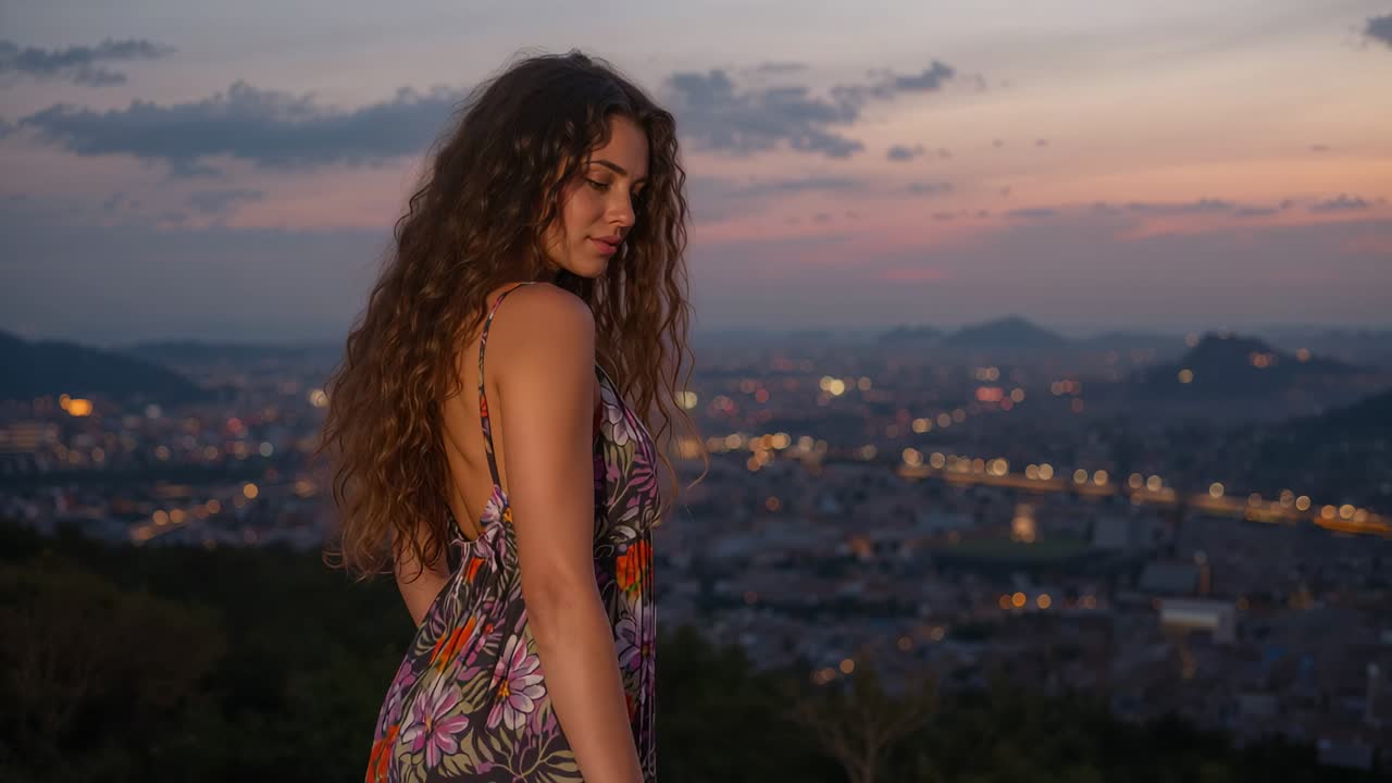 Walking woman in floral sundress turning, pausing, gazing from hilltop as sky darkens, lit highway