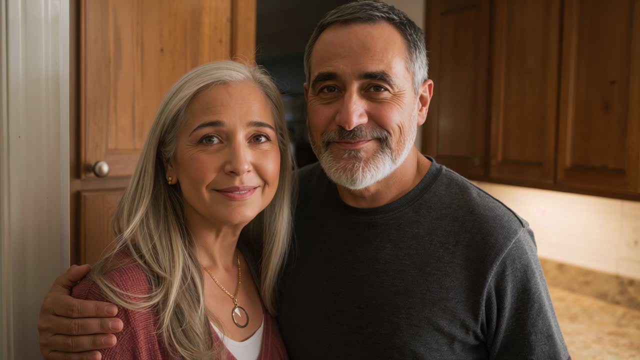Pareja sonriente apoyada en la cocina mientras la cámara empieza a grabar, posando, la mujer con cárdigan rosa y un colgante.