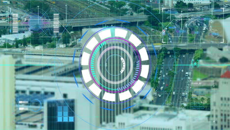 animation of scope scanning and data processing over cityscape in the background