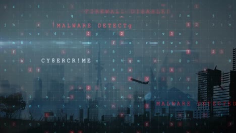 Animation-of-cyber-attack-warning-over-cityscape-on-blue-background