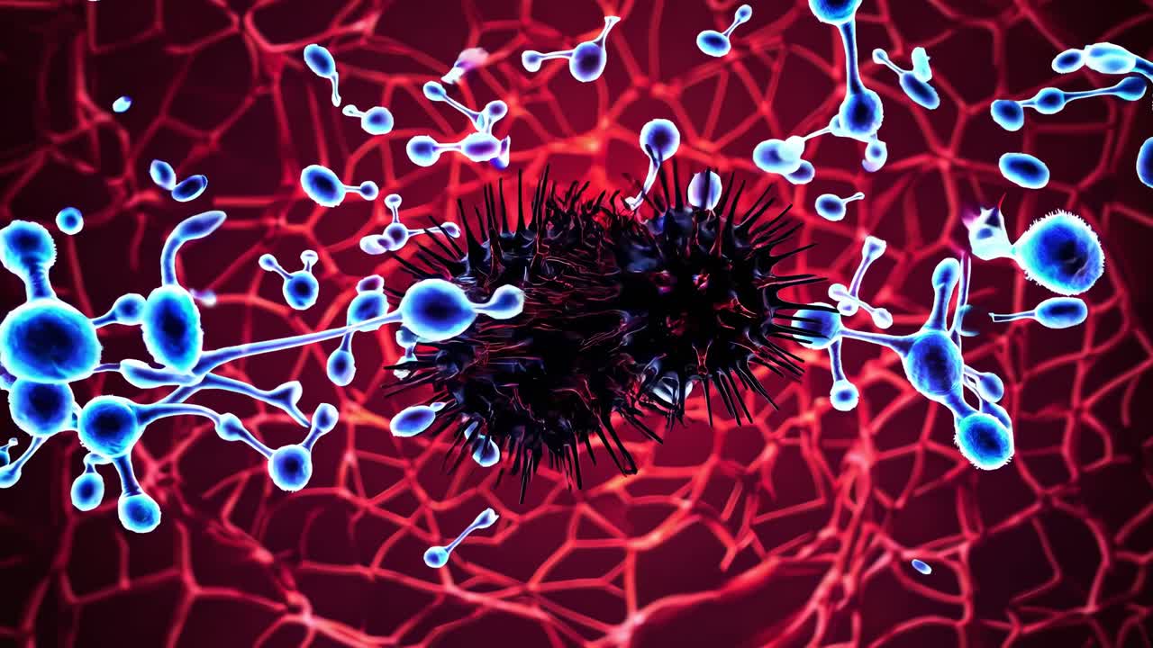 Un concetto video dinamico e ravvicinato di virus e batteri, che mostra un colore rosso e blu vivace