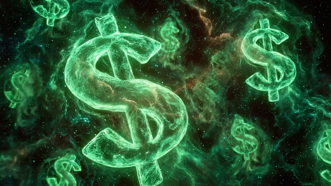 Kosminen Valuuttasymbolien Näyttely: Kelluvat vihreät dollarimerkit mystisellä galaksitaustalla, kuvaten rahoituksen ja mielikuvituksen kohtaamista.