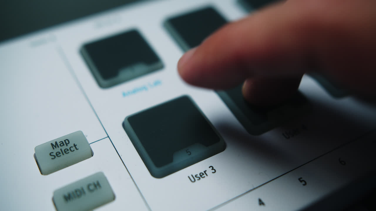 Beautiful slow motion close up shot of a musician producer playing pads on a midi keyboard to record a beat in his home studio.
