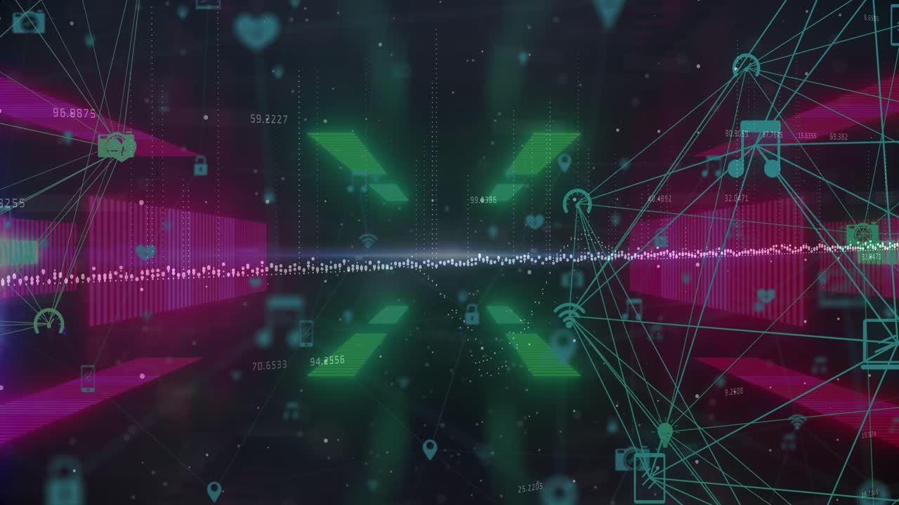 Animation of network of connection and neon lights moving on black background