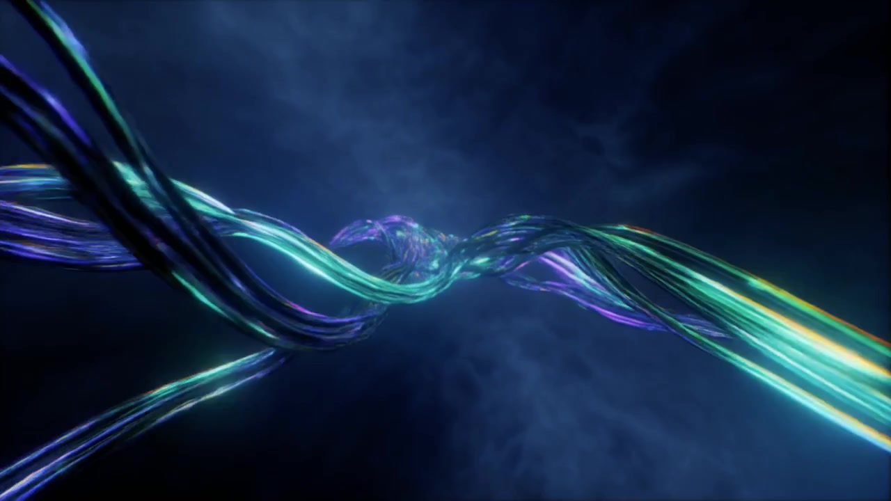 Abstract Glowing Fiber Optic Cables Twisting in Dark Space