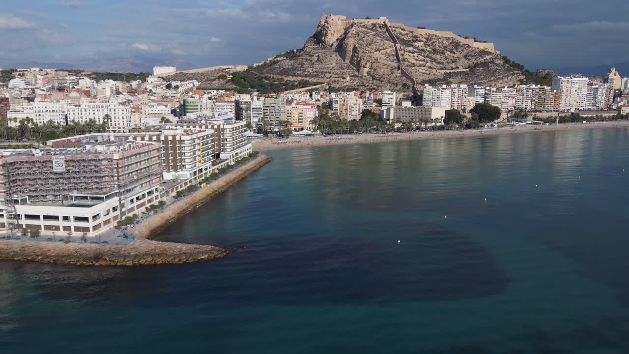 Aerial overview of the Alicante city coastline and Santa Barbara castle
