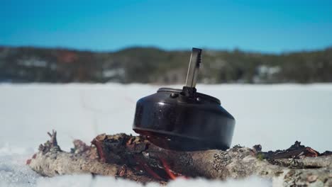 iron kettle over firewood in winter nature background